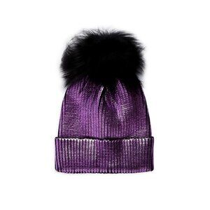 NWT - ADRIENNE LANDAU Fox Fur Pom-Pom Metallic Beanie Purple Hat